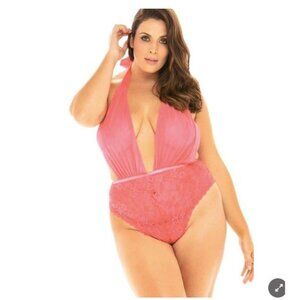 Ohla La Cheri Lingerie Womens Queen Plus PinkMesh Plunge‎ Aria Teddy Romper